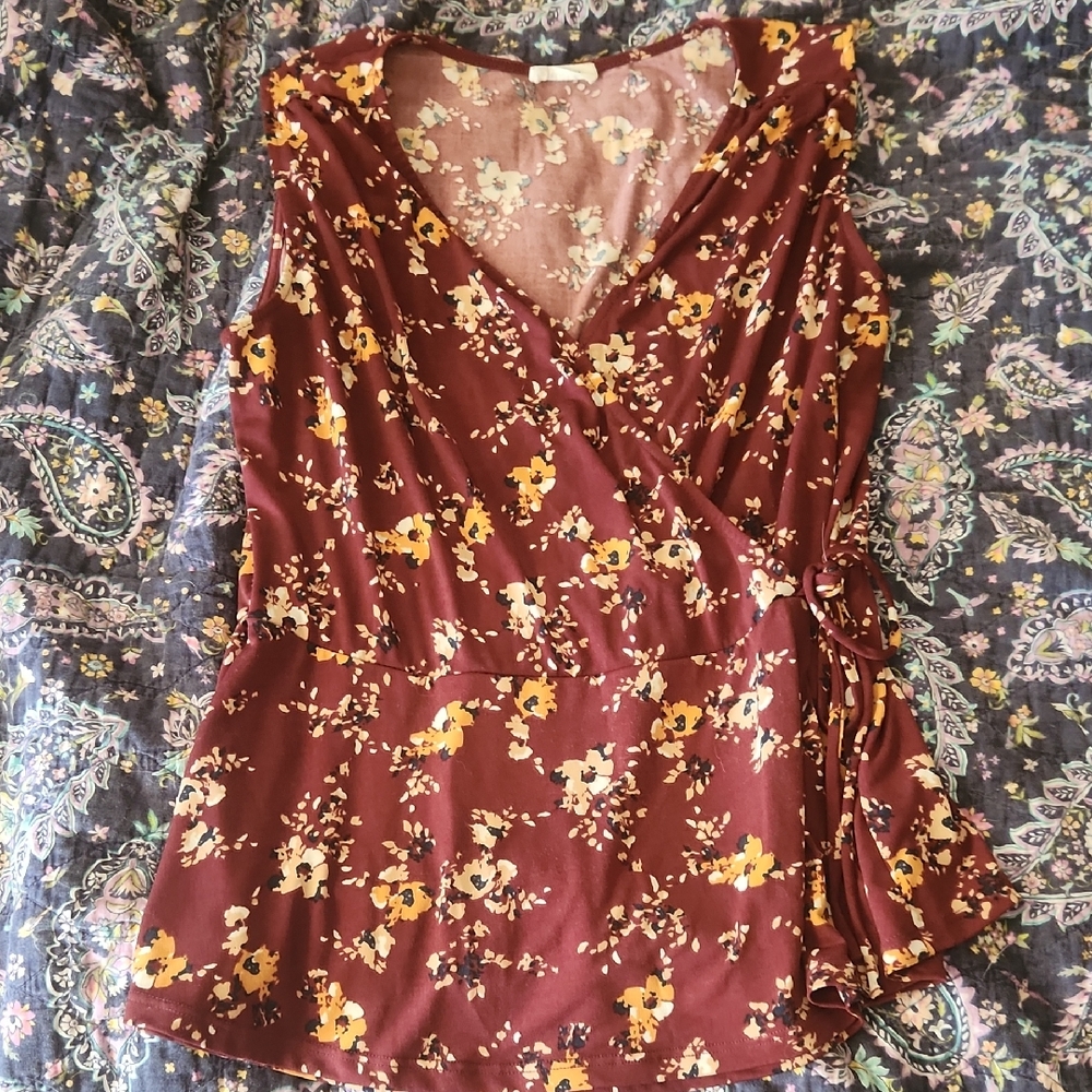 Elegant Floral Wrap Blouse - Burgundy